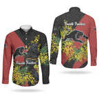Penrith Panthers Couples Matching Off Shoulder Maxi Dress and Long Sleeve Button Shirt Golden Wattle Floral Polynesian - Australian Flower - Rugby Mascot