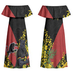 Penrith Panthers Couples Matching Off Shoulder Maxi Dress and Long Sleeve Button Shirt Golden Wattle Floral Polynesian - Australian Flower - Rugby Mascot