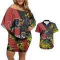 Penrith Panthers Couples Matching Off Shoulder Short Dress and Hawaiian Shirt Golden Wattle Floral Polynesian - Australian Flower - Rugby Mascot