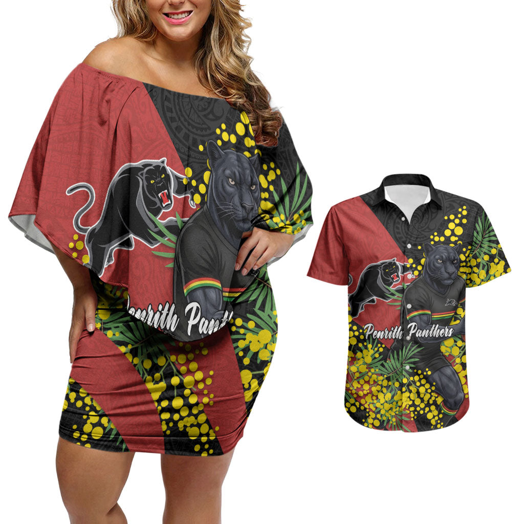 Penrith Panthers Couples Matching Off Shoulder Short Dress and Hawaiian Shirt Golden Wattle Floral Polynesian - Australian Flower - Rugby Mascot