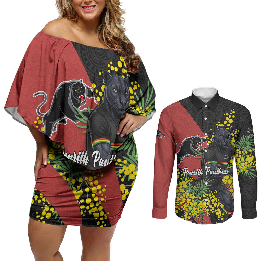 Penrith Panthers Couples Matching Off Shoulder Short Dress and Long Sleeve Button Shirt Golden Wattle Floral Polynesian - Australian Flower - Rugby Mascot