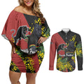 Penrith Panthers Couples Matching Off Shoulder Short Dress and Long Sleeve Button Shirt Golden Wattle Floral Polynesian - Australian Flower - Rugby Mascot