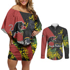 Penrith Panthers Couples Matching Off Shoulder Short Dress and Long Sleeve Button Shirt Golden Wattle Floral Polynesian - Australian Flower - Rugby Mascot