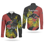 Penrith Panthers Couples Matching Off Shoulder Short Dress and Long Sleeve Button Shirt Golden Wattle Floral Polynesian - Australian Flower - Rugby Mascot