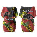 Penrith Panthers Couples Matching Off Shoulder Short Dress and Long Sleeve Button Shirt Golden Wattle Floral Polynesian - Australian Flower - Rugby Mascot