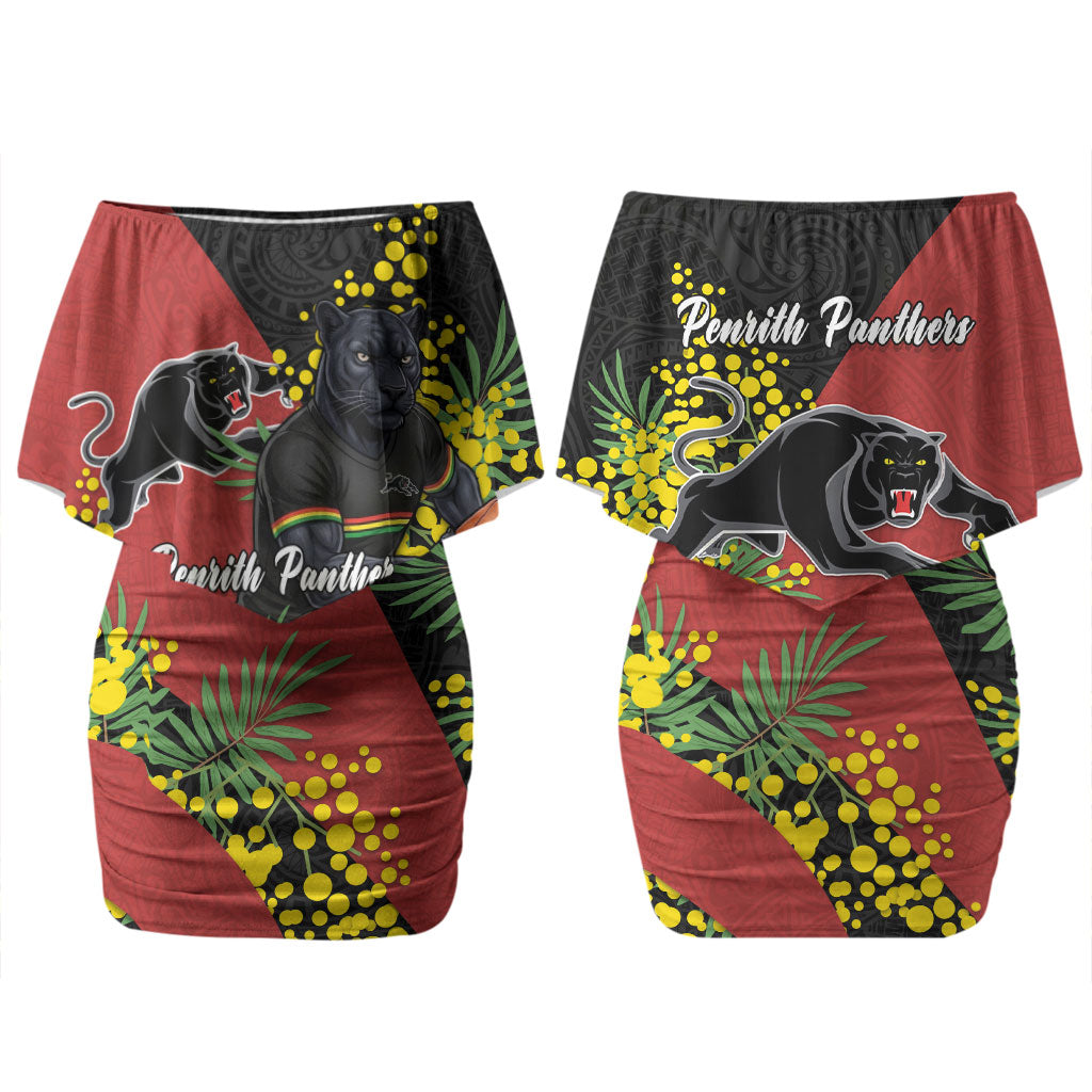 Penrith Panthers Couples Matching Off Shoulder Short Dress and Long Sleeve Button Shirt Golden Wattle Floral Polynesian - Australian Flower - Rugby Mascot