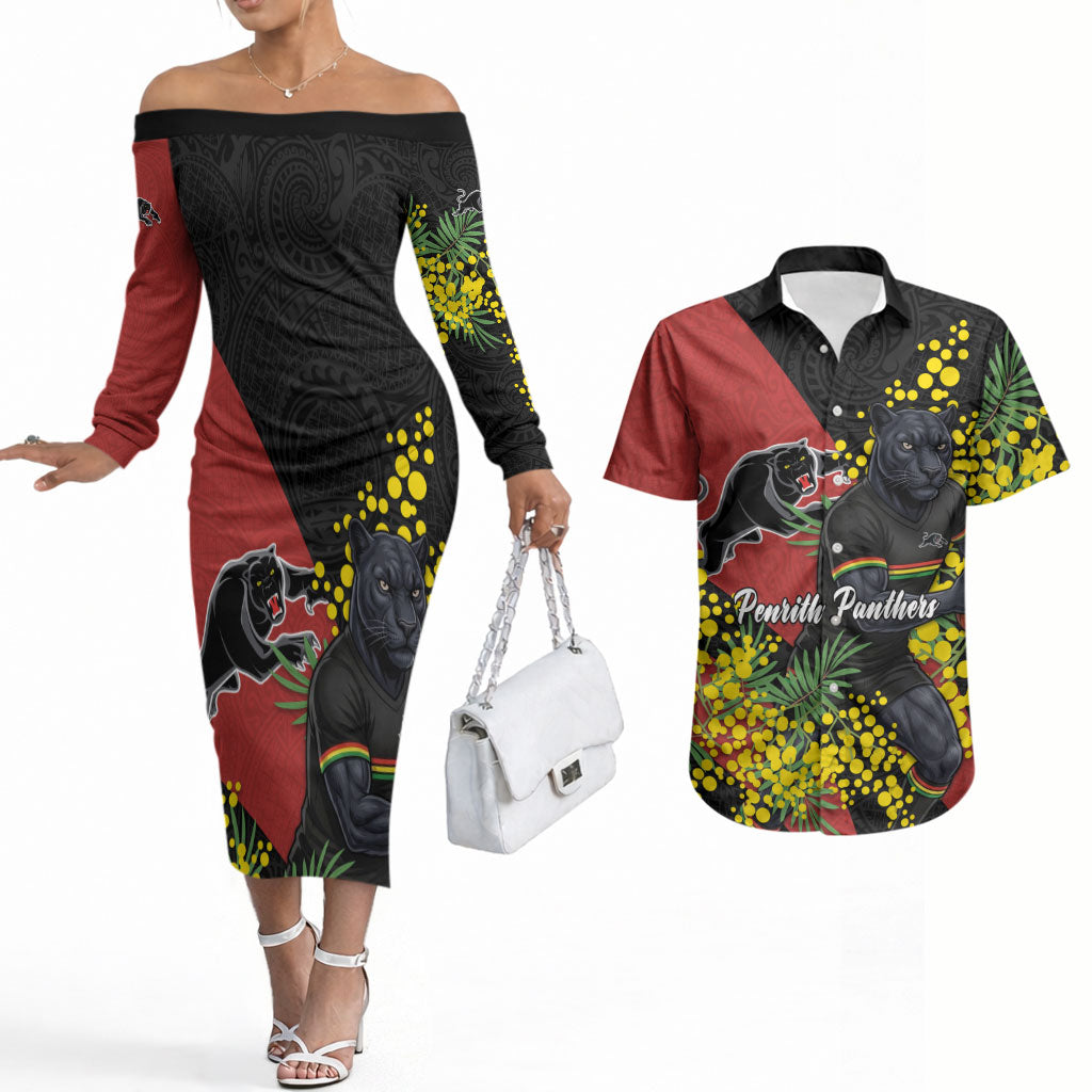 Penrith Panthers Couples Matching Off The Shoulder Long Sleeve Dress and Hawaiian Shirt Golden Wattle Floral Polynesian - Australian Flower - Rugby Mascot
