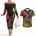 Penrith Panthers Couples Matching Off The Shoulder Long Sleeve Dress and Hawaiian Shirt Golden Wattle Floral Polynesian - Australian Flower - Rugby Mascot
