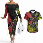 Penrith Panthers Couples Matching Off The Shoulder Long Sleeve Dress and Hawaiian Shirt Golden Wattle Floral Polynesian - Australian Flower - Rugby Mascot