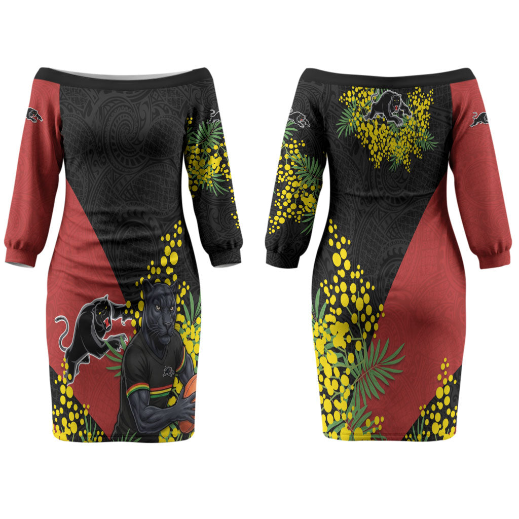 Penrith Panthers Couples Matching Off The Shoulder Long Sleeve Dress and Hawaiian Shirt Golden Wattle Floral Polynesian - Australian Flower - Rugby Mascot