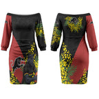 Penrith Panthers Couples Matching Off The Shoulder Long Sleeve Dress and Hawaiian Shirt Golden Wattle Floral Polynesian - Australian Flower - Rugby Mascot