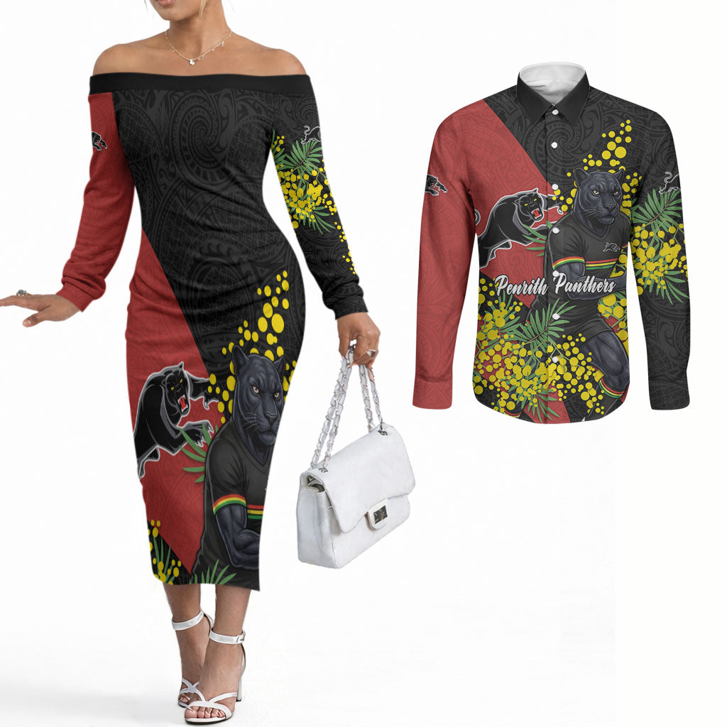 Penrith Panthers Couples Matching Off The Shoulder Long Sleeve Dress and Long Sleeve Button Shirt Golden Wattle Floral Polynesian - Australian Flower - Rugby Mascot