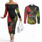 Penrith Panthers Couples Matching Off The Shoulder Long Sleeve Dress and Long Sleeve Button Shirt Golden Wattle Floral Polynesian - Australian Flower - Rugby Mascot