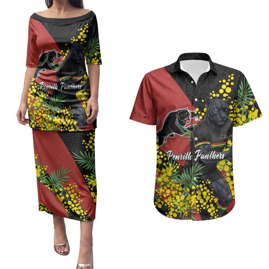 Penrith Panthers Couples Matching Puletasi and Hawaiian Shirt Golden Wattle Floral Polynesian - Australian Flower - Rugby Mascot