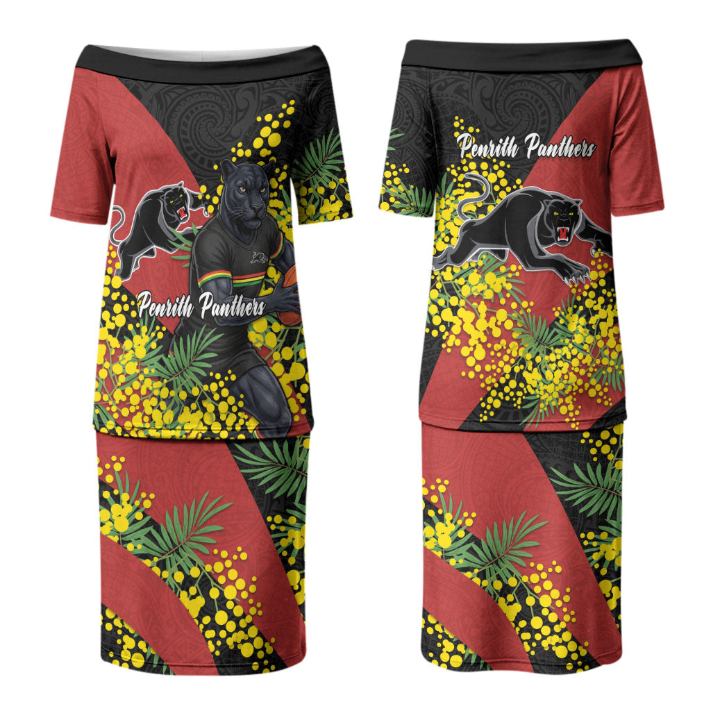 Penrith Panthers Couples Matching Puletasi and Hawaiian Shirt Golden Wattle Floral Polynesian - Australian Flower - Rugby Mascot