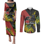 Penrith Panthers Couples Matching Puletasi and Long Sleeve Button Shirt Golden Wattle Floral Polynesian - Australian Flower - Rugby Mascot