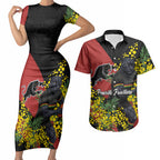 Penrith Panthers Couples Matching Short Sleeve Bodycon Dress and Hawaiian Shirt Golden Wattle Floral Polynesian - Australian Flower - Rugby Mascot
