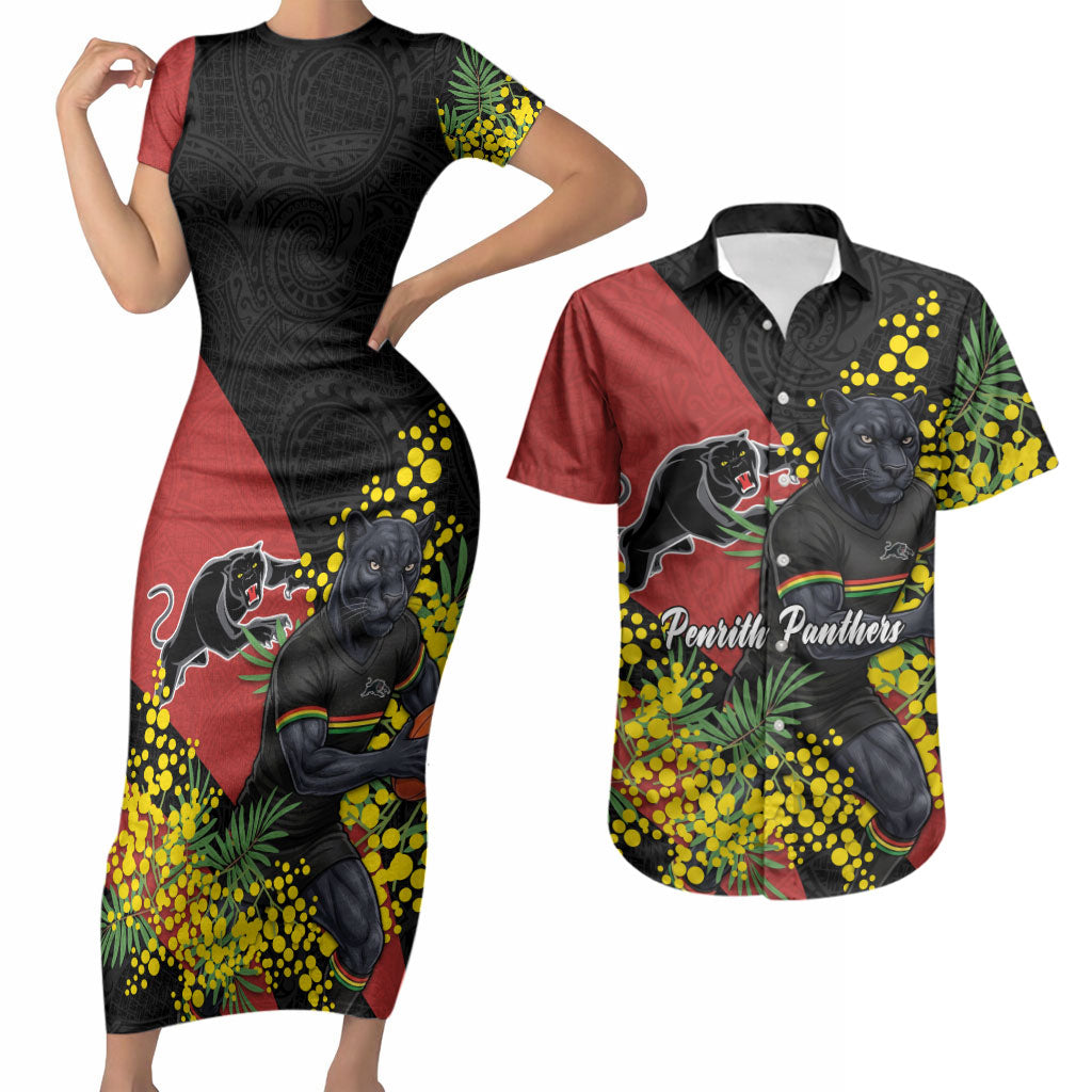 Penrith Panthers Couples Matching Short Sleeve Bodycon Dress and Hawaiian Shirt Golden Wattle Floral Polynesian - Australian Flower - Rugby Mascot