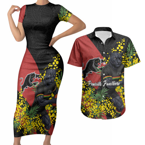 Penrith Panthers Couples Matching Short Sleeve Bodycon Dress and Hawaiian Shirt Golden Wattle Floral Polynesian - Australian Flower - Rugby Mascot