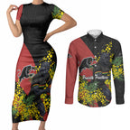 Penrith Panthers Couples Matching Short Sleeve Bodycon Dress and Long Sleeve Button Shirt Golden Wattle Floral Polynesian - Australian Flower - Rugby Mascot