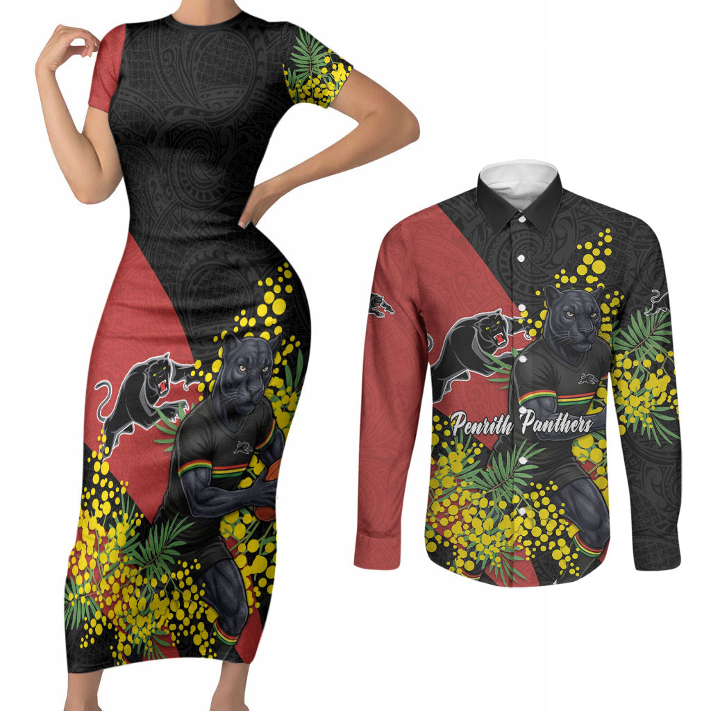 Penrith Panthers Couples Matching Short Sleeve Bodycon Dress and Long Sleeve Button Shirt Golden Wattle Floral Polynesian - Australian Flower - Rugby Mascot