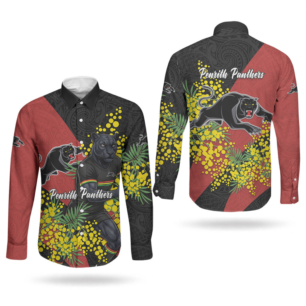 Penrith Panthers Couples Matching Short Sleeve Bodycon Dress and Long Sleeve Button Shirt Golden Wattle Floral Polynesian - Australian Flower - Rugby Mascot