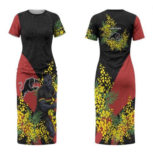 Penrith Panthers Couples Matching Short Sleeve Bodycon Dress and Long Sleeve Button Shirt Golden Wattle Floral Polynesian - Australian Flower - Rugby Mascot