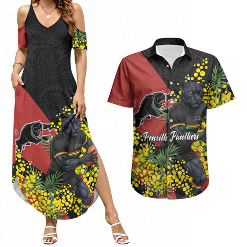 Penrith Panthers Couples Matching Summer Maxi Dress and Hawaiian Shirt Golden Wattle Floral Polynesian - Australian Flower - Rugby Mascot