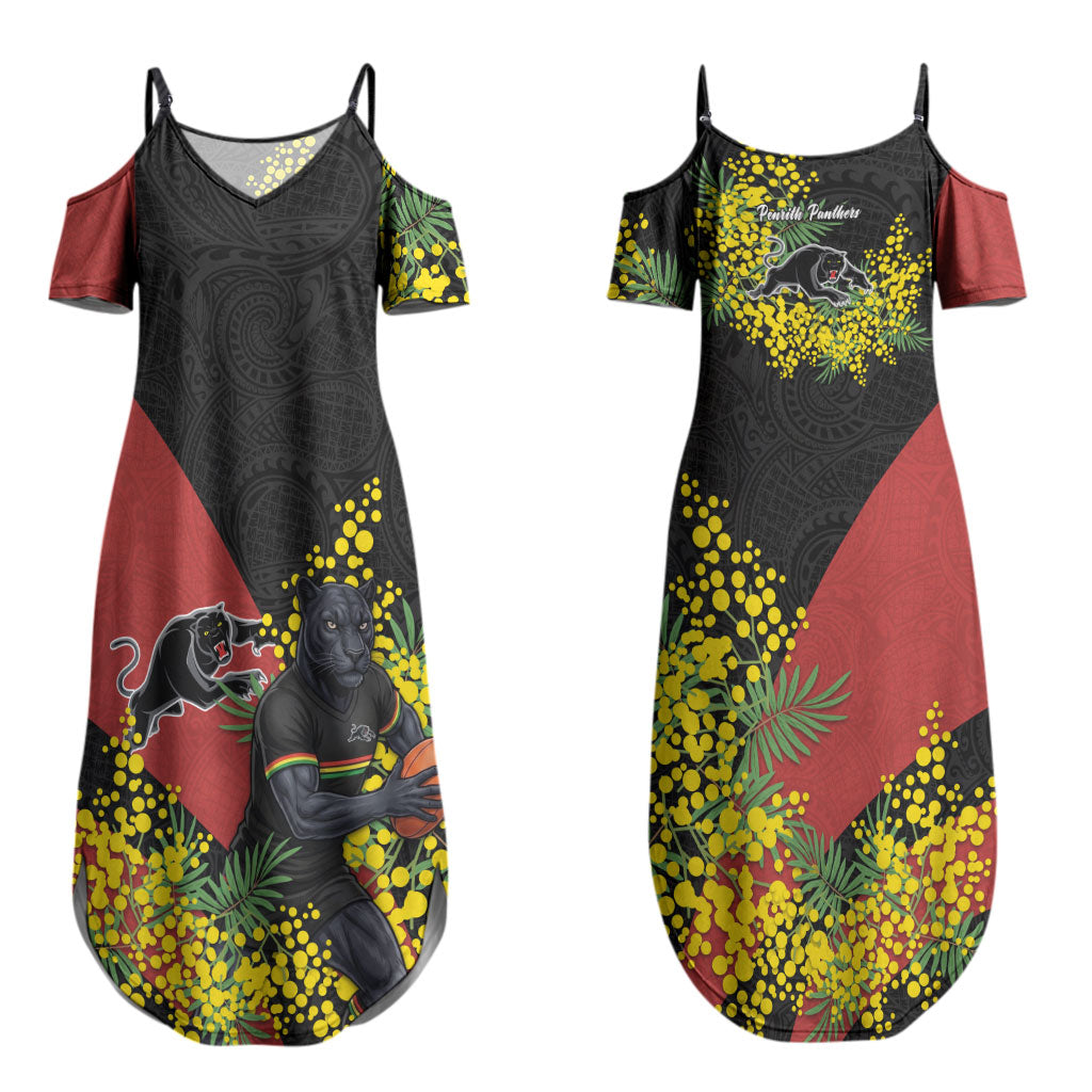 Penrith Panthers Couples Matching Summer Maxi Dress and Hawaiian Shirt Golden Wattle Floral Polynesian - Australian Flower - Rugby Mascot