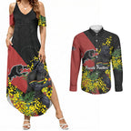 Penrith Panthers Couples Matching Summer Maxi Dress and Long Sleeve Button Shirt Golden Wattle Floral Polynesian - Australian Flower - Rugby Mascot