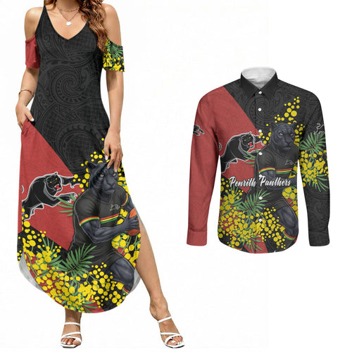 Penrith Panthers Couples Matching Summer Maxi Dress and Long Sleeve Button Shirt Golden Wattle Floral Polynesian - Australian Flower - Rugby Mascot