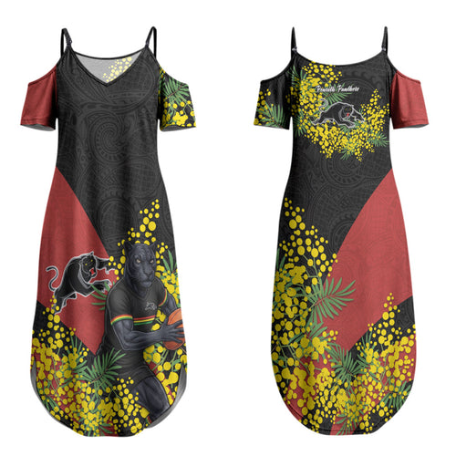 Penrith Panthers Couples Matching Summer Maxi Dress and Long Sleeve Button Shirt Golden Wattle Floral Polynesian - Australian Flower - Rugby Mascot