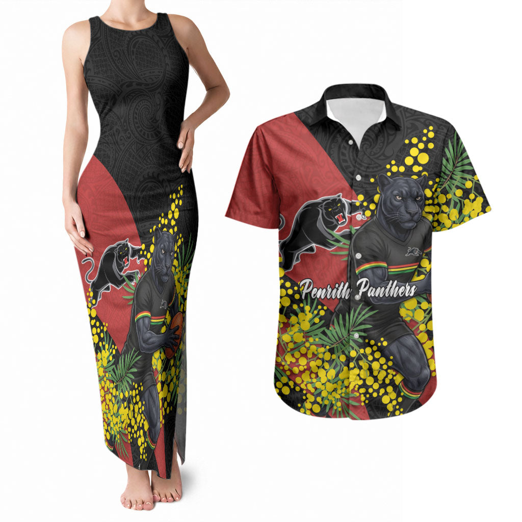 Penrith Panthers Couples Matching Tank Maxi Dress and Hawaiian Shirt Golden Wattle Floral Polynesian - Australian Flower - Rugby Mascot