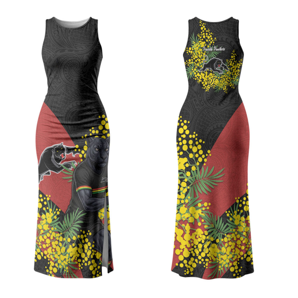 Penrith Panthers Couples Matching Tank Maxi Dress and Hawaiian Shirt Golden Wattle Floral Polynesian - Australian Flower - Rugby Mascot