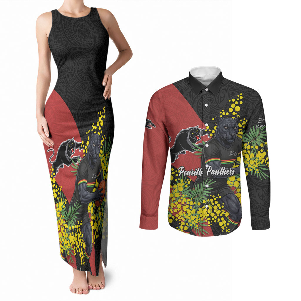 Penrith Panthers Couples Matching Tank Maxi Dress and Long Sleeve Button Shirt Golden Wattle Floral Polynesian - Australian Flower - Rugby Mascot