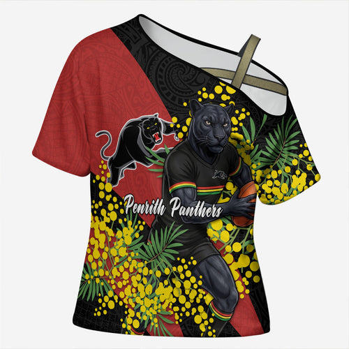 Penrith Panthers Cross Shoulder Shirt Golden Wattle Floral Polynesian - Australian Flower - Rugby Mascot