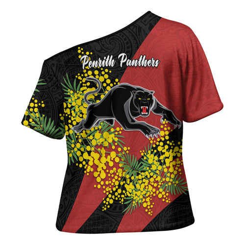 Penrith Panthers Cross Shoulder Shirt Golden Wattle Floral Polynesian - Australian Flower - Rugby Mascot