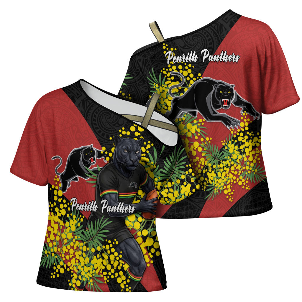 Penrith Panthers Cross Shoulder Shirt Golden Wattle Floral Polynesian - Australian Flower - Rugby Mascot