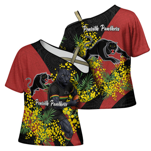 Penrith Panthers Cross Shoulder Shirt Golden Wattle Floral Polynesian - Australian Flower - Rugby Mascot