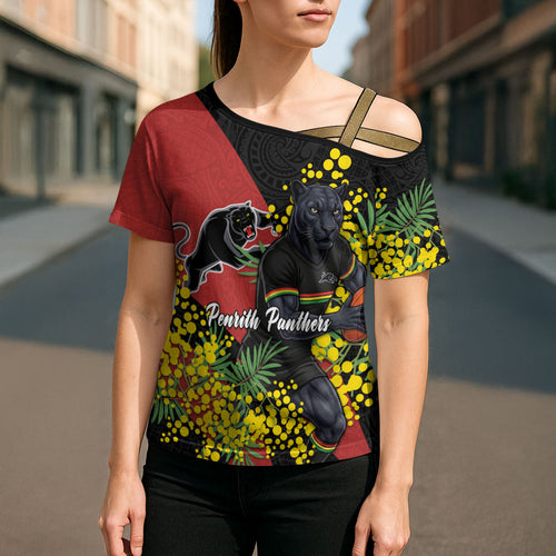 Penrith Panthers Cross Shoulder Shirt Golden Wattle Floral Polynesian - Australian Flower - Rugby Mascot