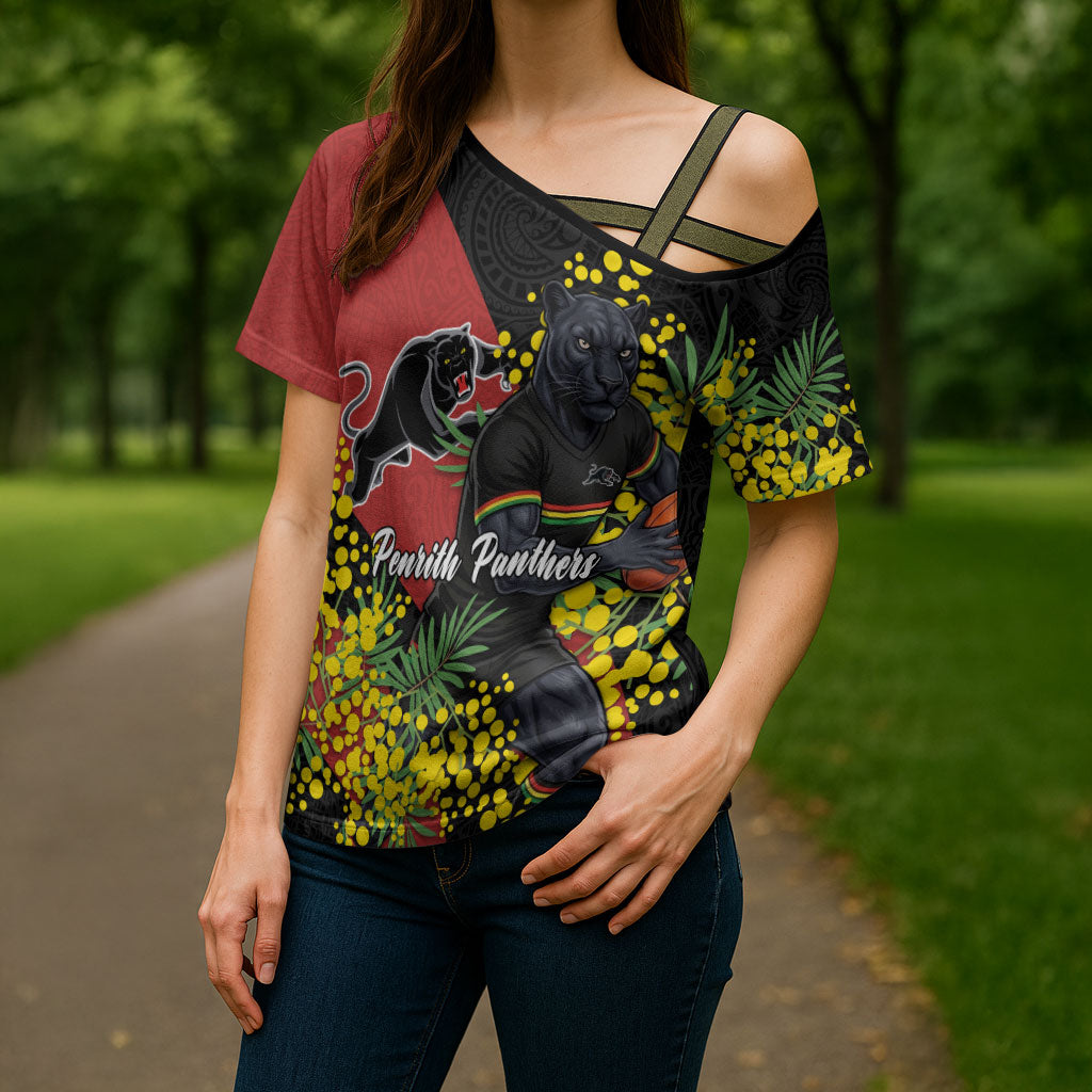 Penrith Panthers Cross Shoulder Shirt Golden Wattle Floral Polynesian - Australian Flower - Rugby Mascot