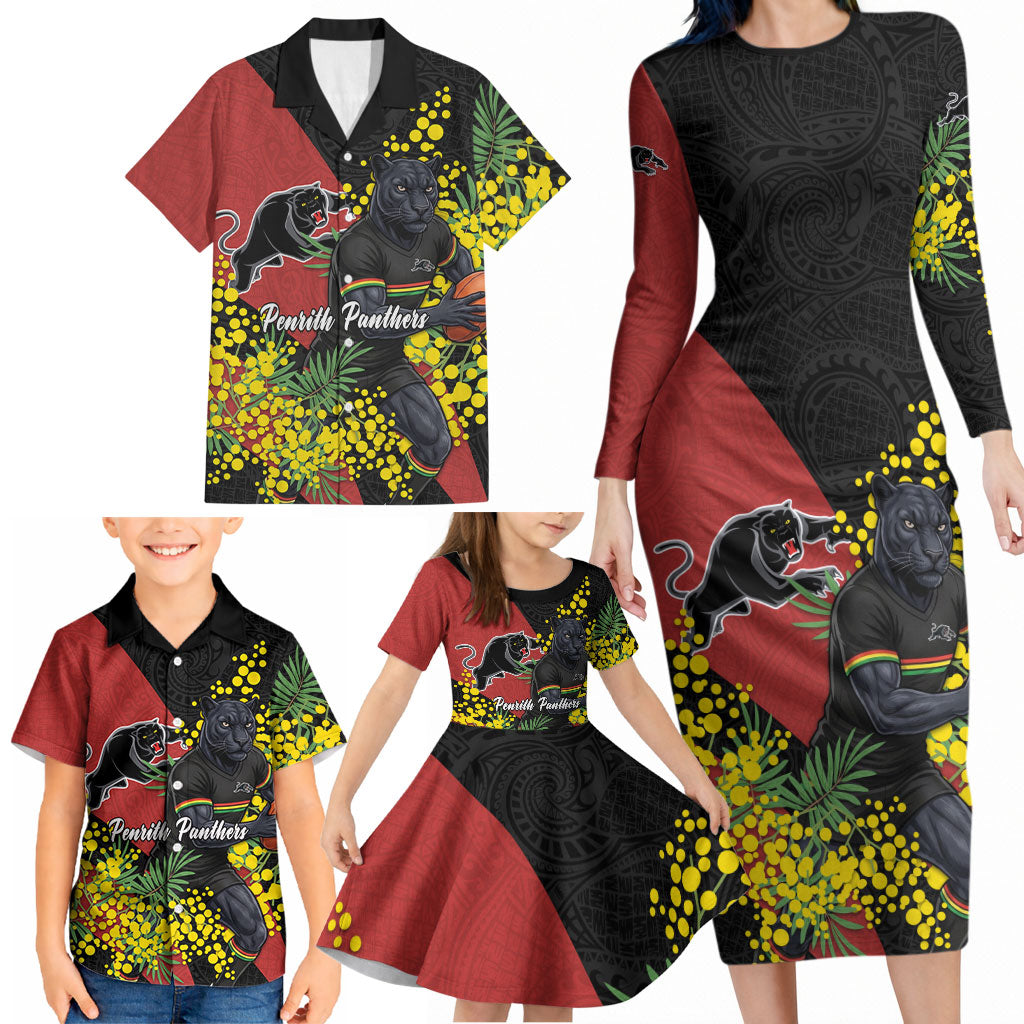 Penrith Panthers Family Matching Long Sleeve Bodycon Dress and Hawaiian Shirt Golden Wattle Floral Polynesian - Australian Flower - Rugby Mascot