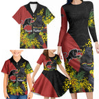 Penrith Panthers Family Matching Long Sleeve Bodycon Dress and Hawaiian Shirt Golden Wattle Floral Polynesian - Australian Flower - Rugby Mascot