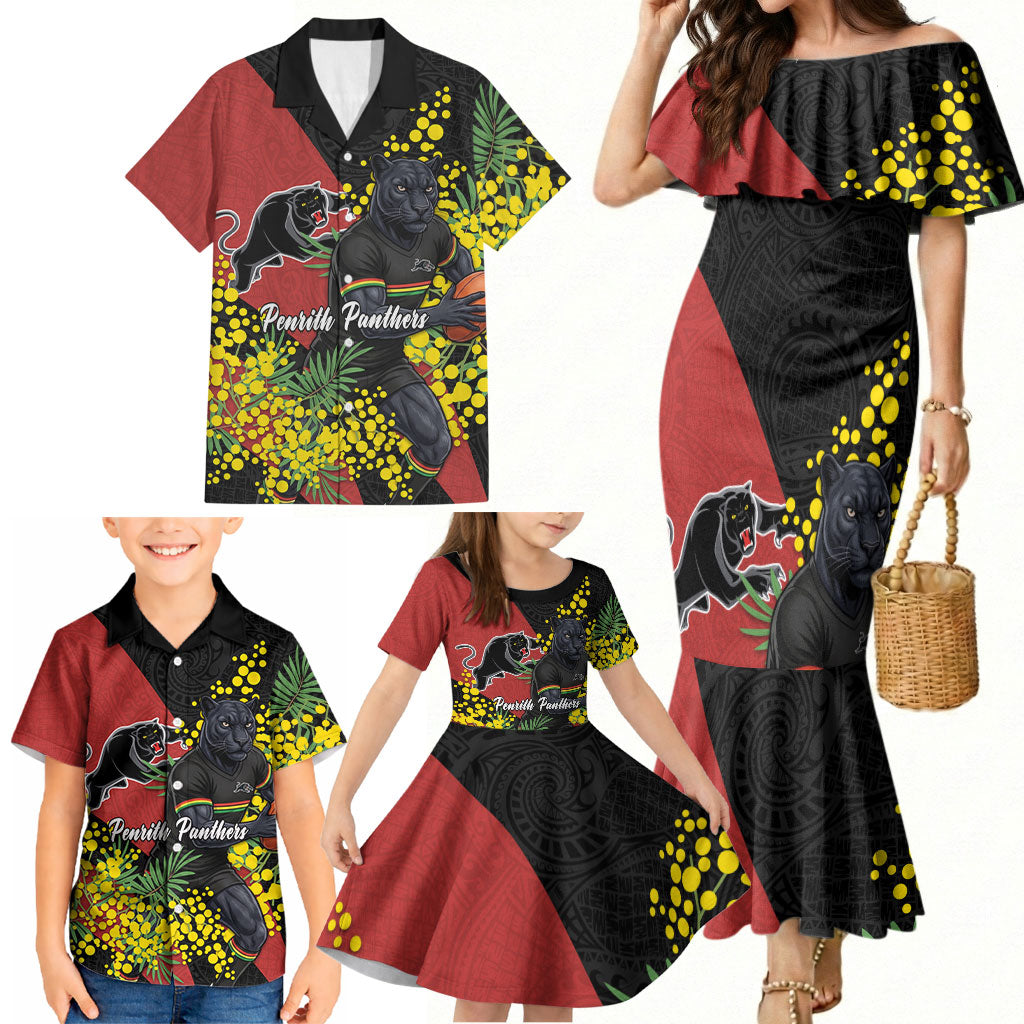 Penrith Panthers Family Matching Mermaid Dress and Hawaiian Shirt Golden Wattle Floral Polynesian - Australian Flower - Rugby Mascot