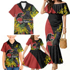 Penrith Panthers Family Matching Mermaid Dress and Hawaiian Shirt Golden Wattle Floral Polynesian - Australian Flower - Rugby Mascot