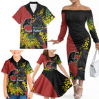 Penrith Panthers Family Matching Off The Shoulder Long Sleeve Dress and Hawaiian Shirt Golden Wattle Floral Polynesian - Australian Flower - Rugby Mascot