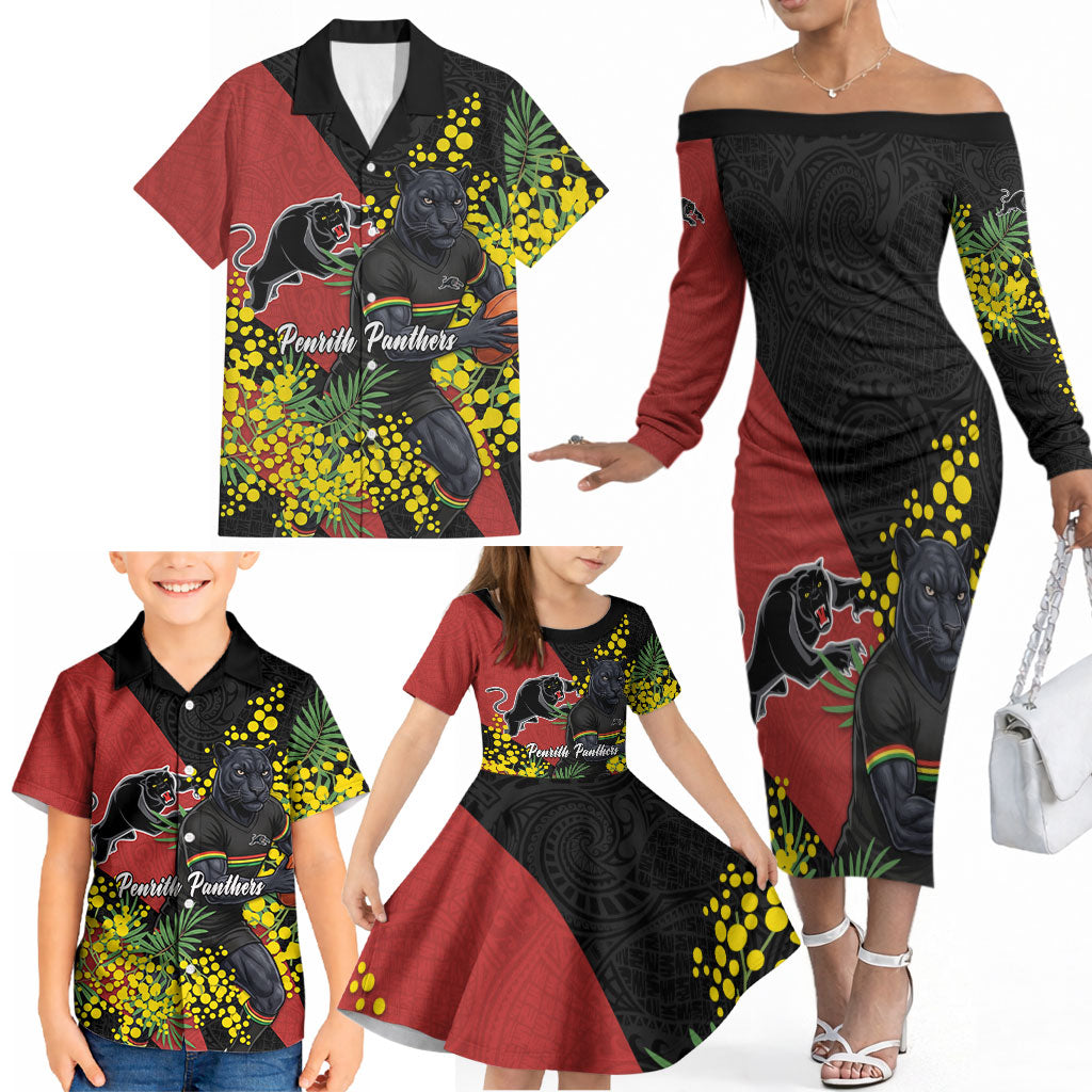 Penrith Panthers Family Matching Off The Shoulder Long Sleeve Dress and Hawaiian Shirt Golden Wattle Floral Polynesian - Australian Flower - Rugby Mascot