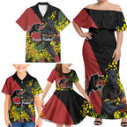 Penrith Panthers Family Matching Off Shoulder Maxi Dress and Hawaiian Shirt Golden Wattle Floral Polynesian - Australian Flower - Rugby Mascot