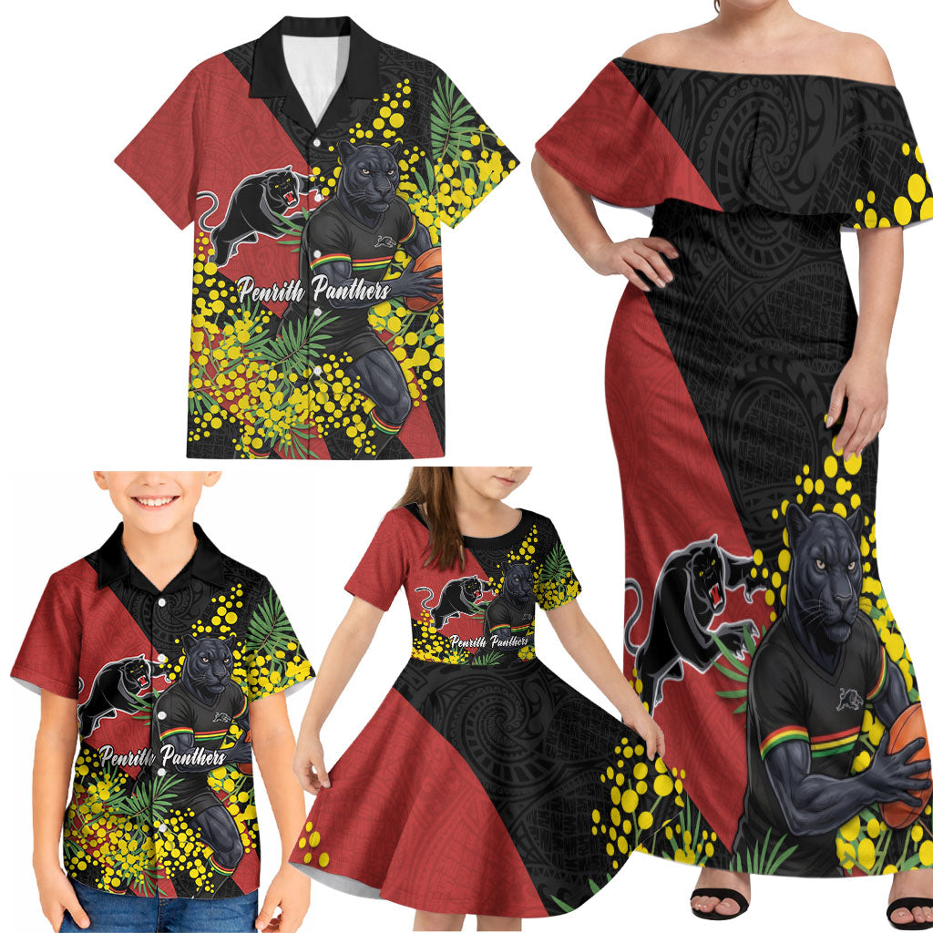 Penrith Panthers Family Matching Off Shoulder Maxi Dress and Hawaiian Shirt Golden Wattle Floral Polynesian - Australian Flower - Rugby Mascot