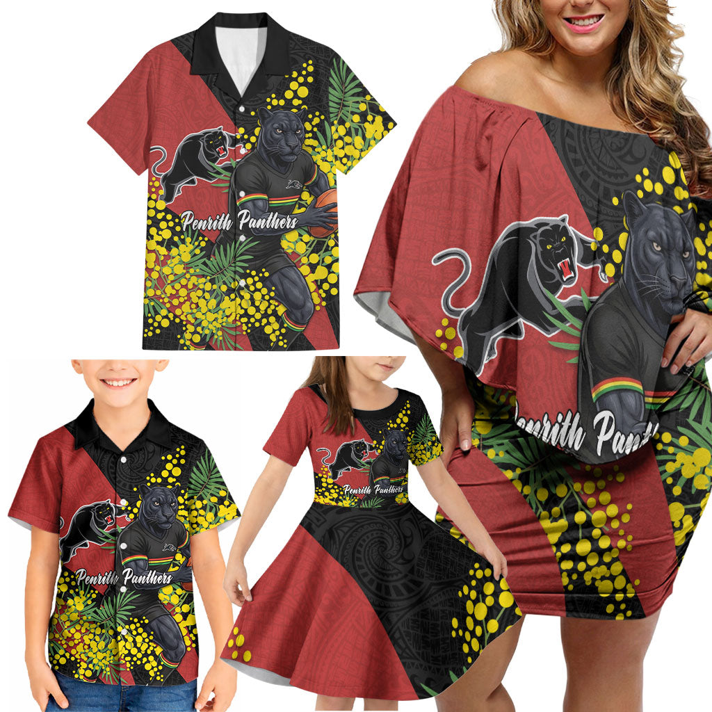 Penrith Panthers Family Matching Off Shoulder Short Dress and Hawaiian Shirt Golden Wattle Floral Polynesian - Australian Flower - Rugby Mascot
